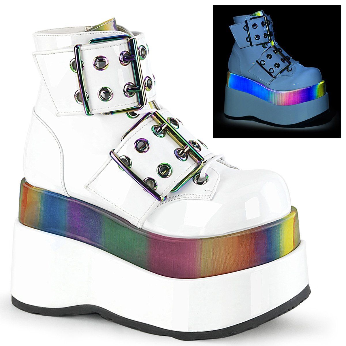 BEAR-104 White Patent-Rainbow Reflective Ankle Boot Demonia