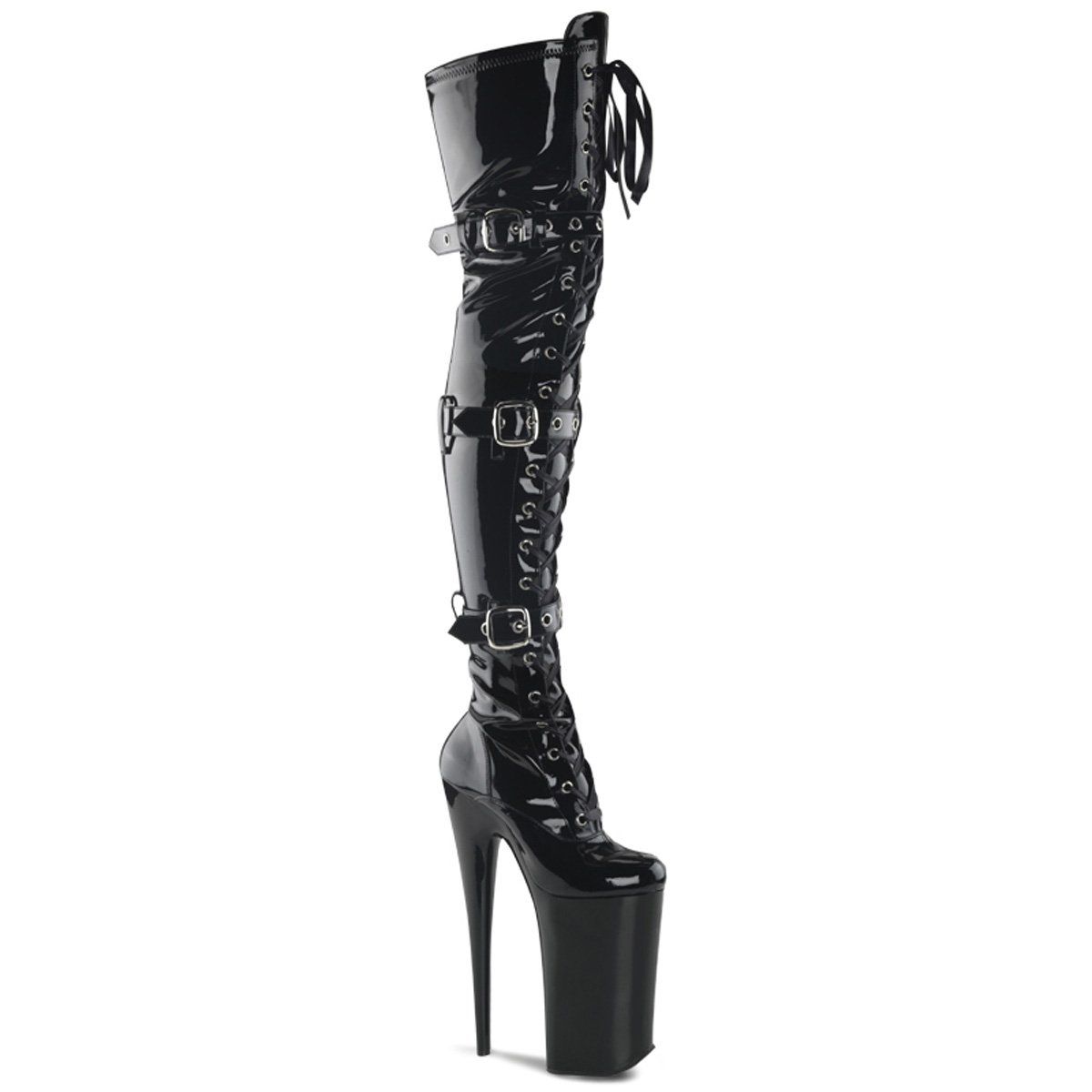 BEYOND-3028 Black Stretch Patent Thigh Boot Pleaser