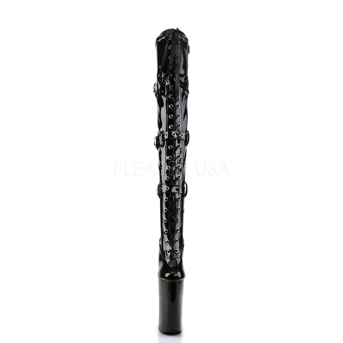 BEYOND-3028 Black Stretch Patent Thigh Boot Pleaser