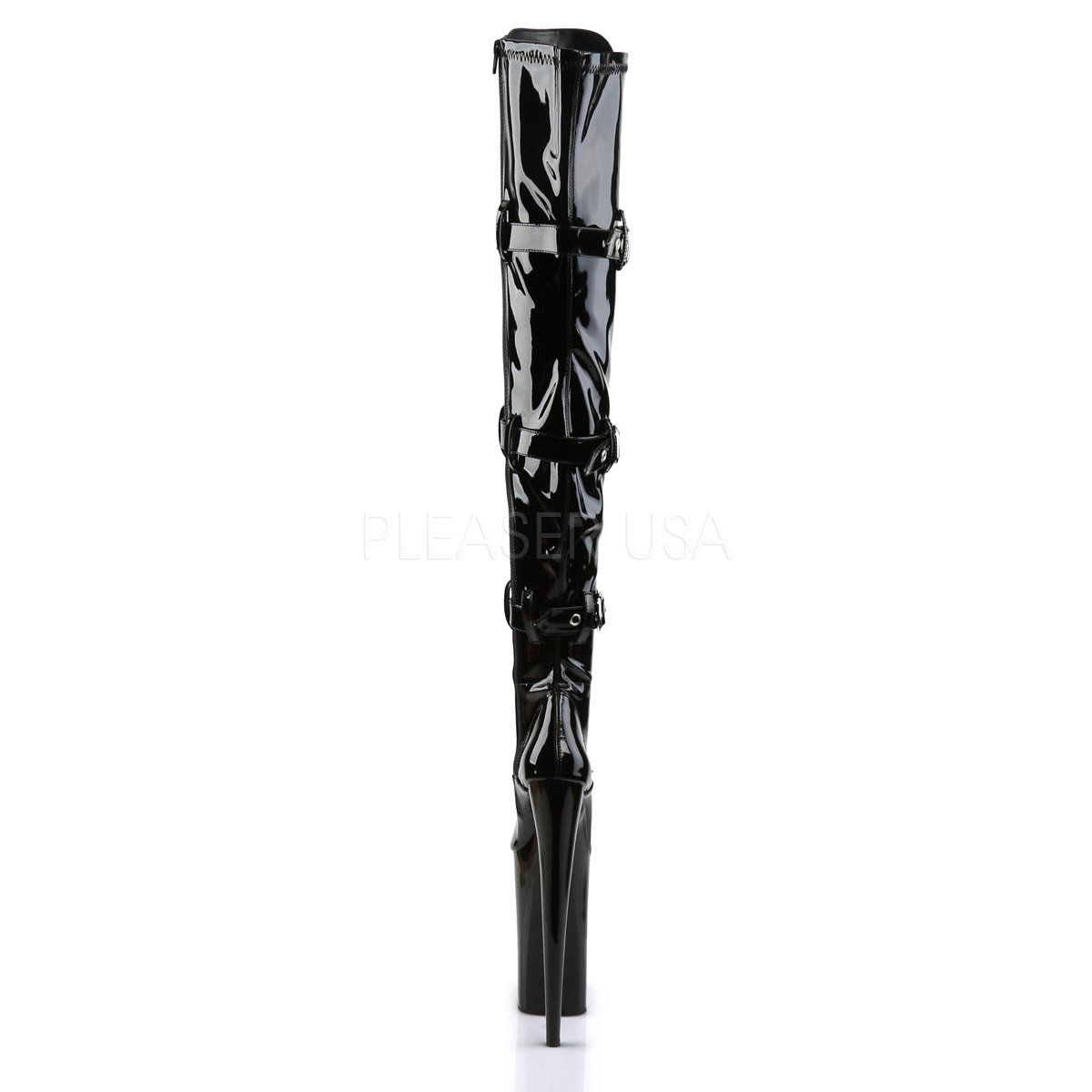 BEYOND-3028 Black Stretch Patent Thigh Boot Pleaser