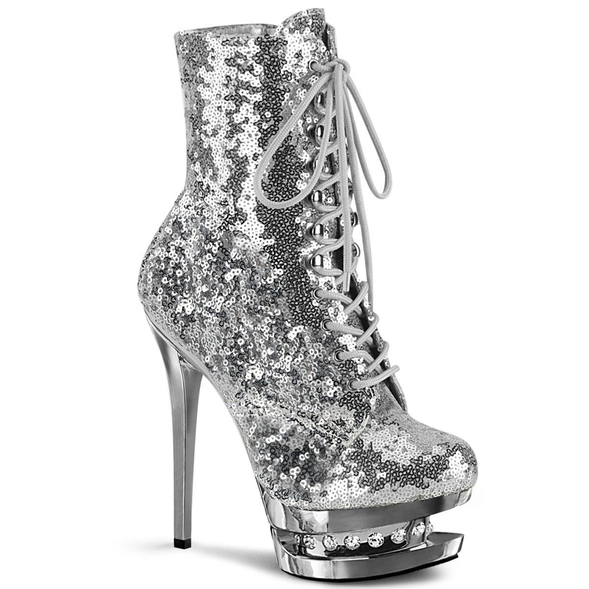 BLONDIE-R-1020 Silver Sequins/Silver Chrome Ankle Boot Pleaser