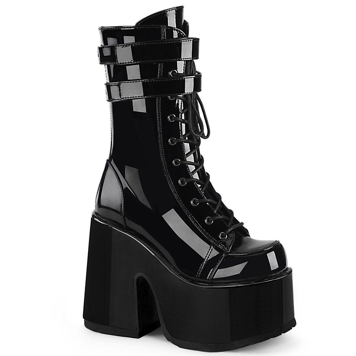 CAMEL-250 Black Patent Mid-Calf Boot Demonia