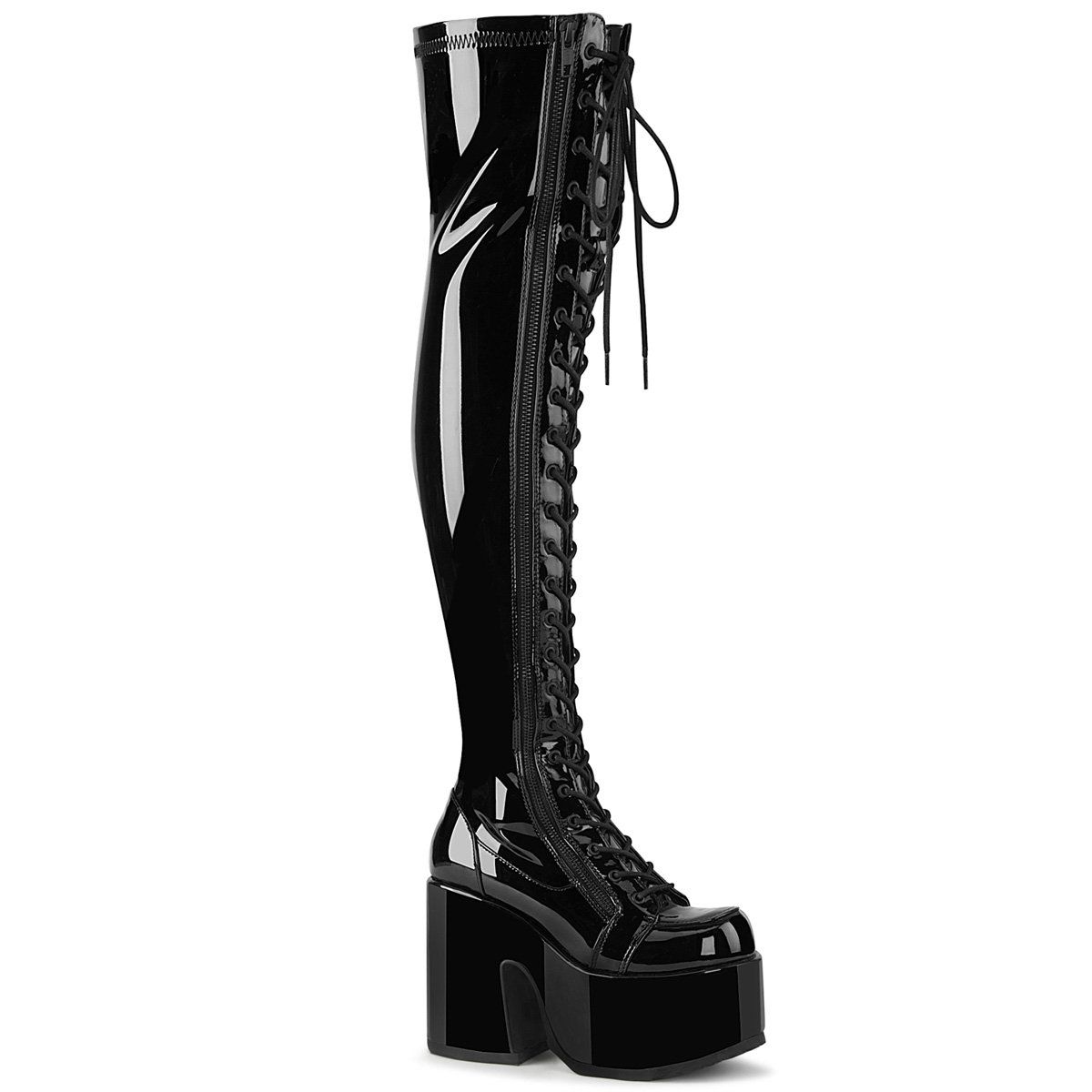 CAMEL-300 Black Stretch Patent Thigh Boot Demonia
