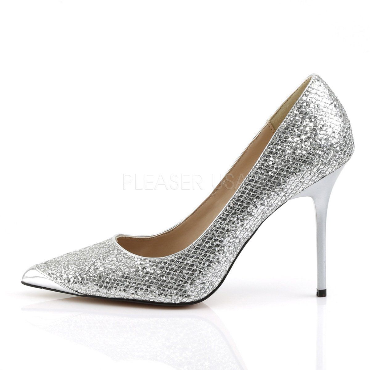 CLASSIQUE-20 Silver Glittery Lame Fabric Pump Pleaser