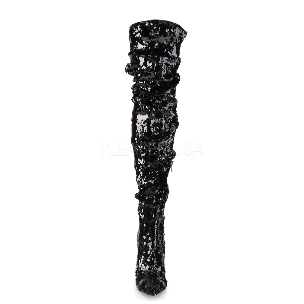 COURTLY-3011 Black Sequins Thigh Boot Pleaser