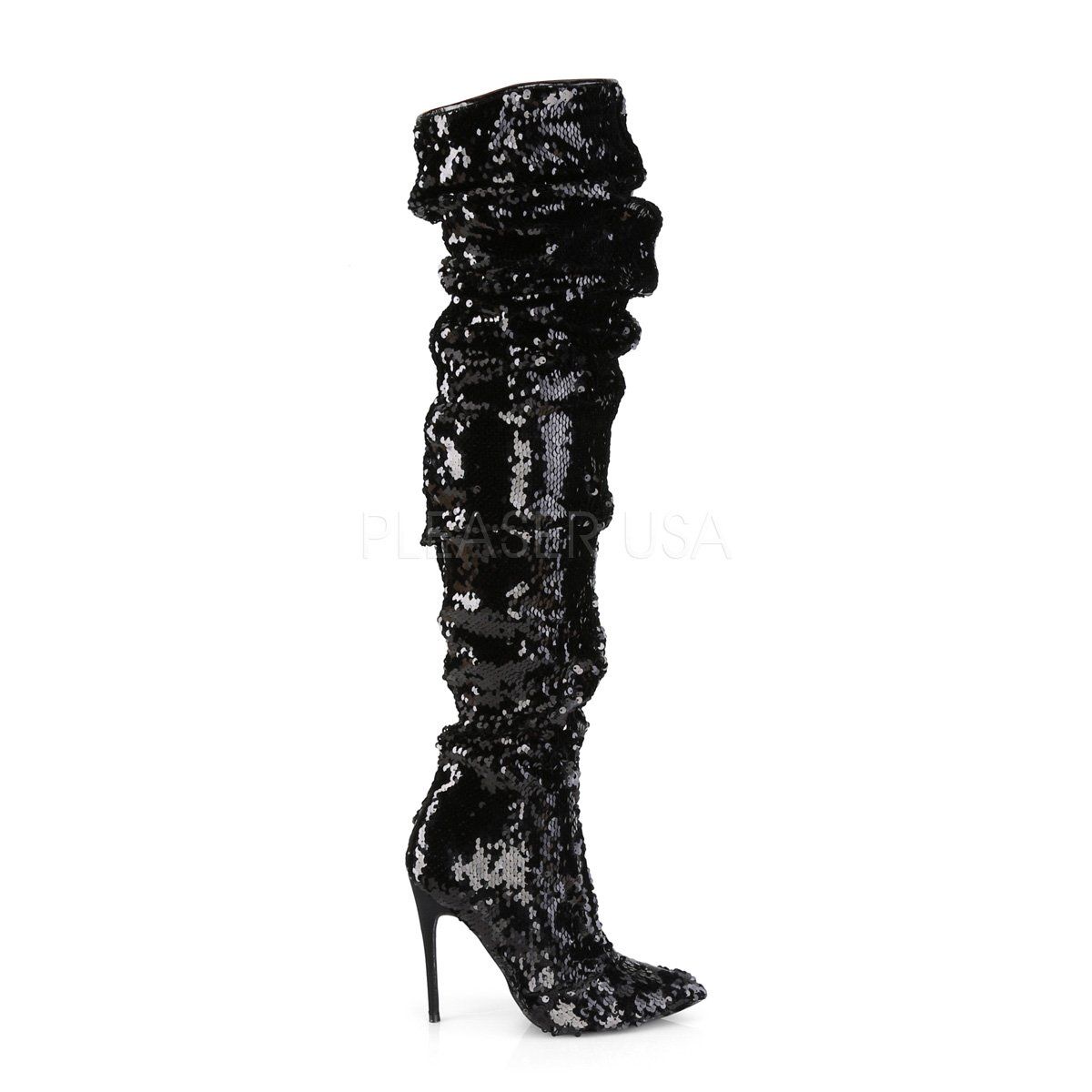 COURTLY-3011 Black Sequins Thigh Boot Pleaser