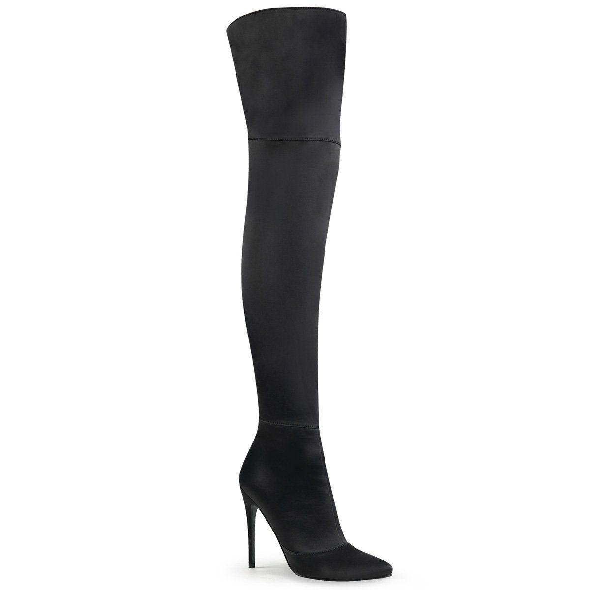 COURTLY-3012 Black Stretch Satin Thigh Boot Pleaser