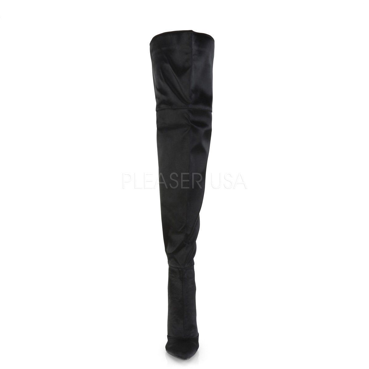 COURTLY-3012 Black Stretch Satin Thigh Boot Pleaser