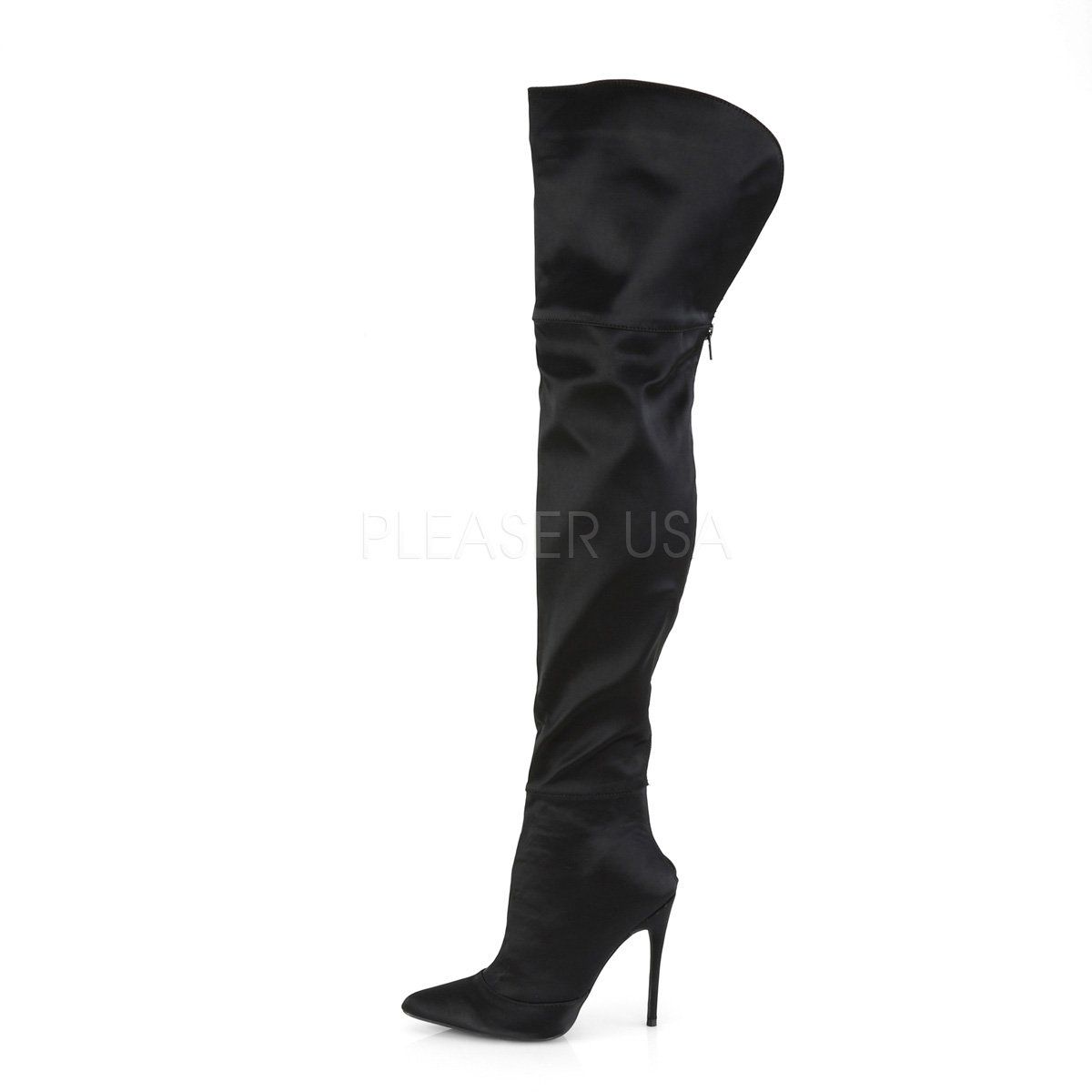 COURTLY-3012 Black Stretch Satin Thigh Boot Pleaser