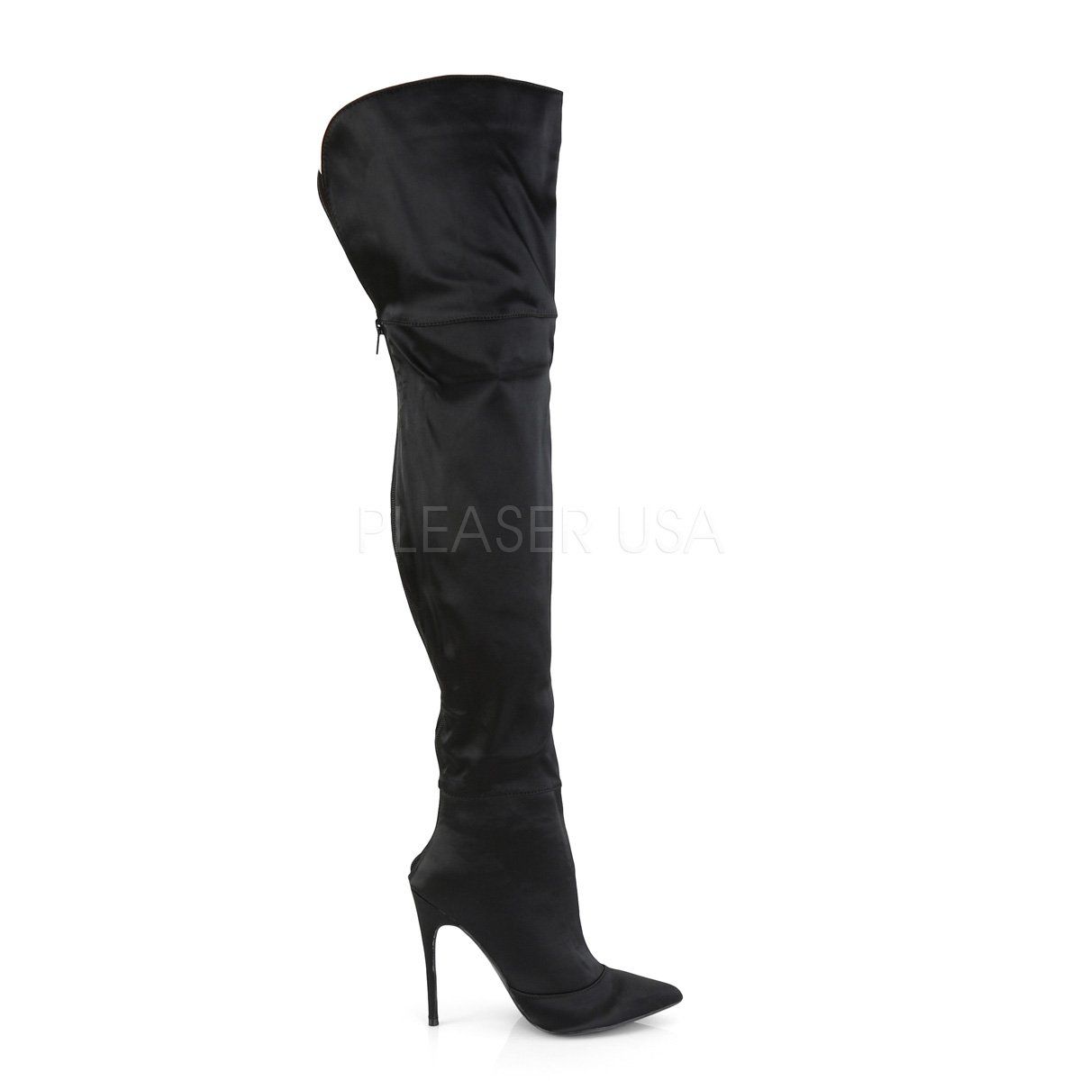 COURTLY-3012 Black Stretch Satin Thigh Boot Pleaser