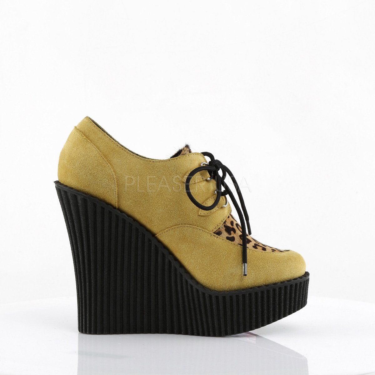 CREEPER-304 Mustard Suede-Leatheropard Print Creeper Demonia