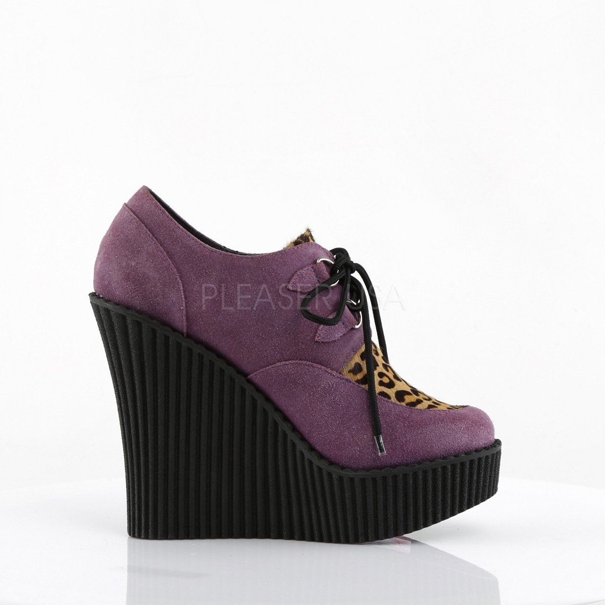 CREEPER-304 Purple Suede-Leatheropard Print Creeper Demonia