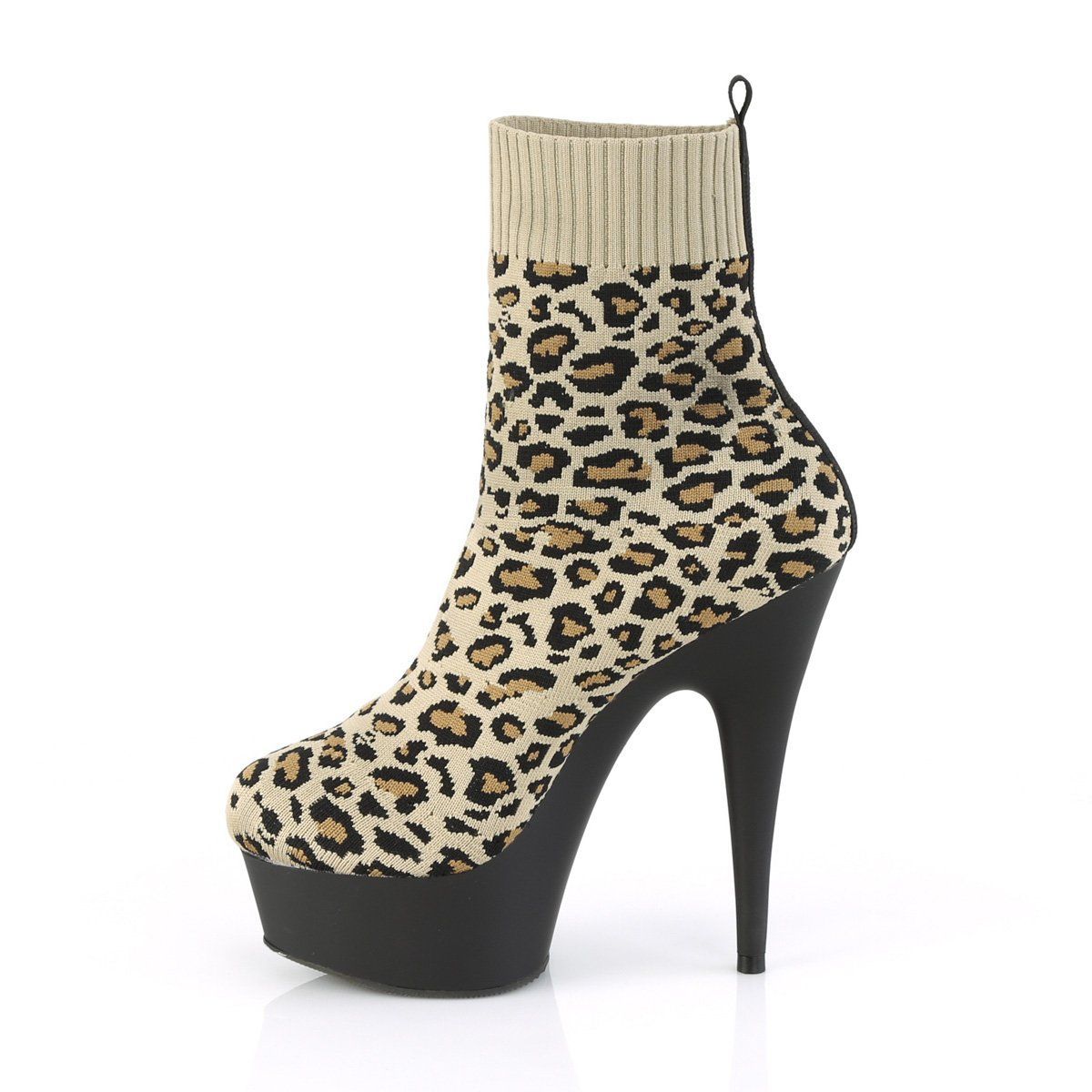 DELIGHT-1002LP Tan Stretch Leatheropard Print Fabric Ankle Boot Pleaser