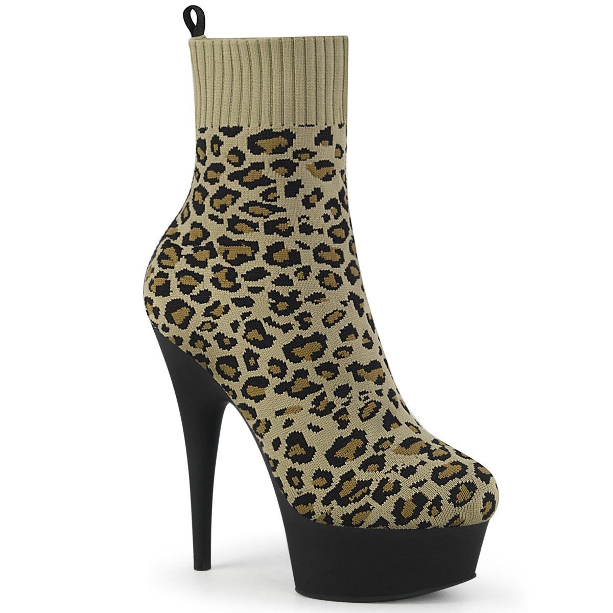 DELIGHT-1002LP Tan Stretch Leatheropard Print Fabric Ankle Boot Pleaser