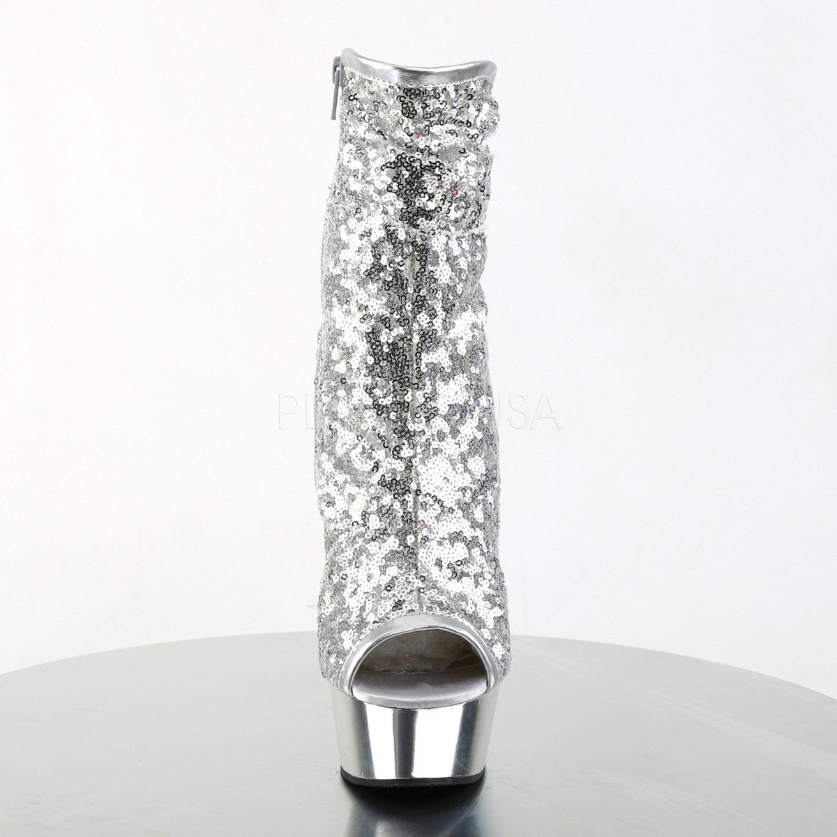 DELIGHT-1008SQ Silver Sequins/Silver Chrome Ankle Boot Pleaser