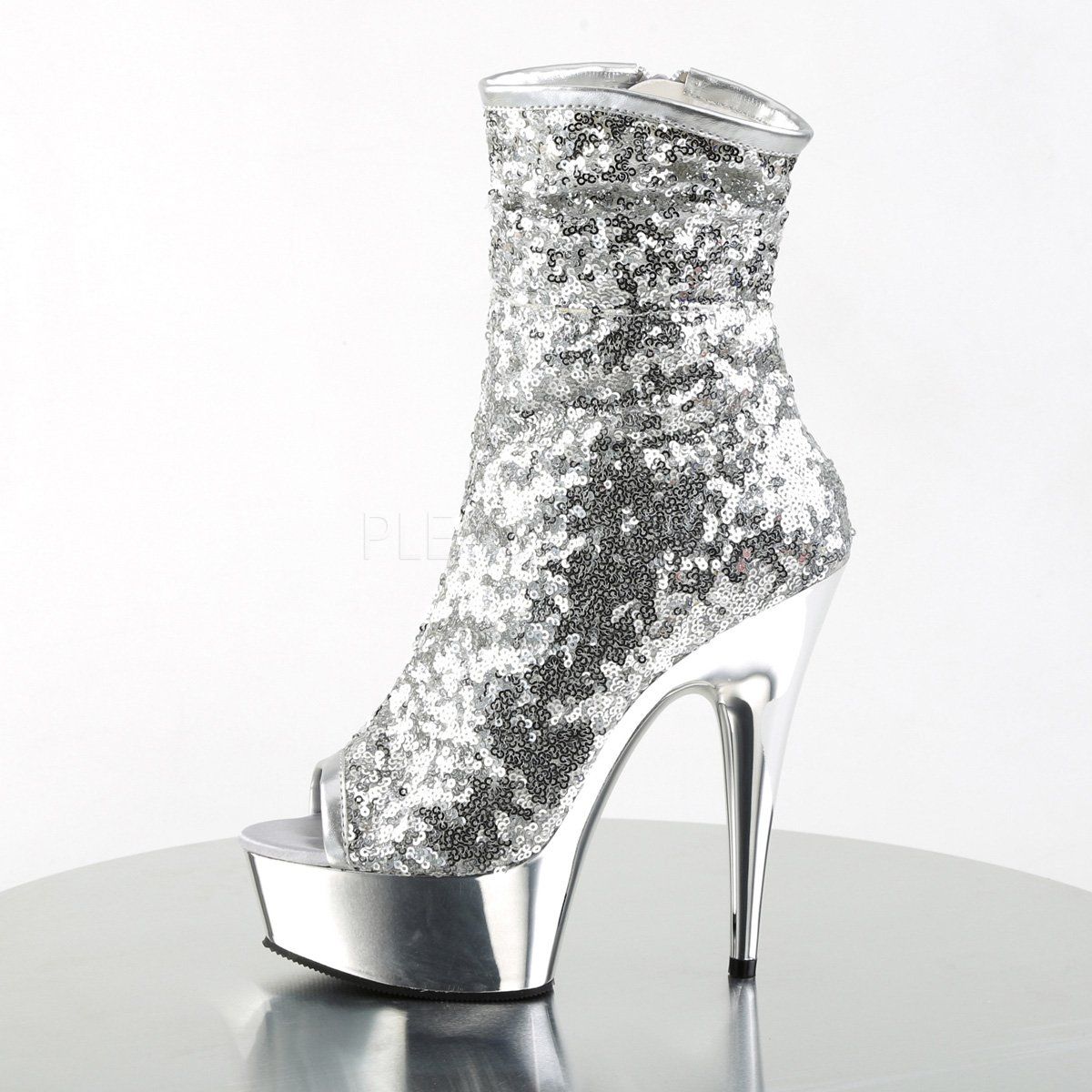 DELIGHT-1008SQ Silver Sequins/Silver Chrome Ankle Boot Pleaser