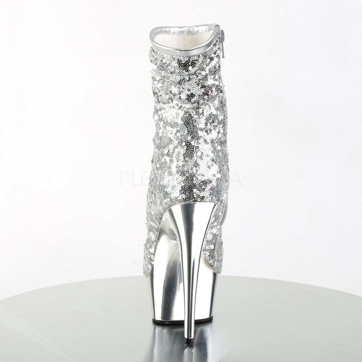 DELIGHT-1008SQ Silver Sequins/Silver Chrome Ankle Boot Pleaser