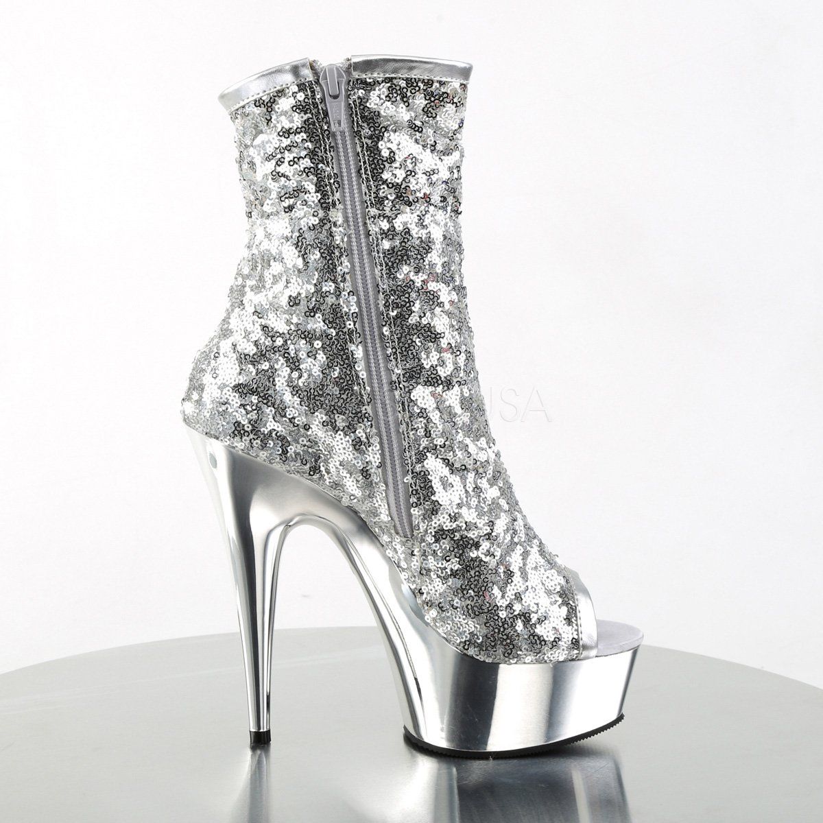 DELIGHT-1008SQ Silver Sequins/Silver Chrome Ankle Boot Pleaser