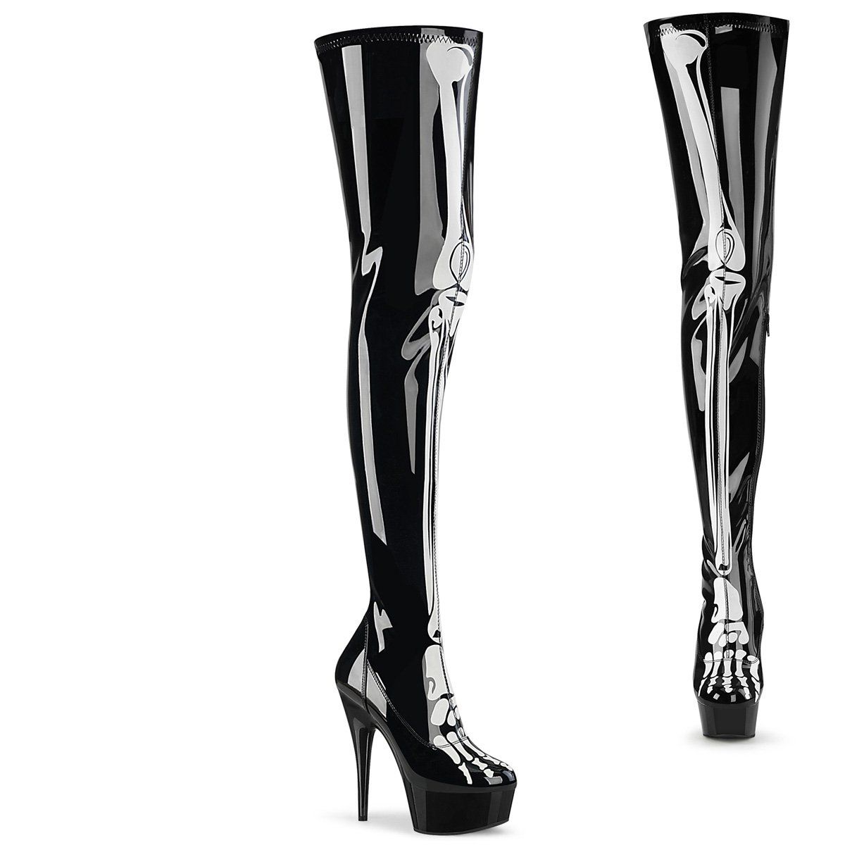 DELIGHT-3000BONE Black Stretch Patent Thigh Boot Pleaser