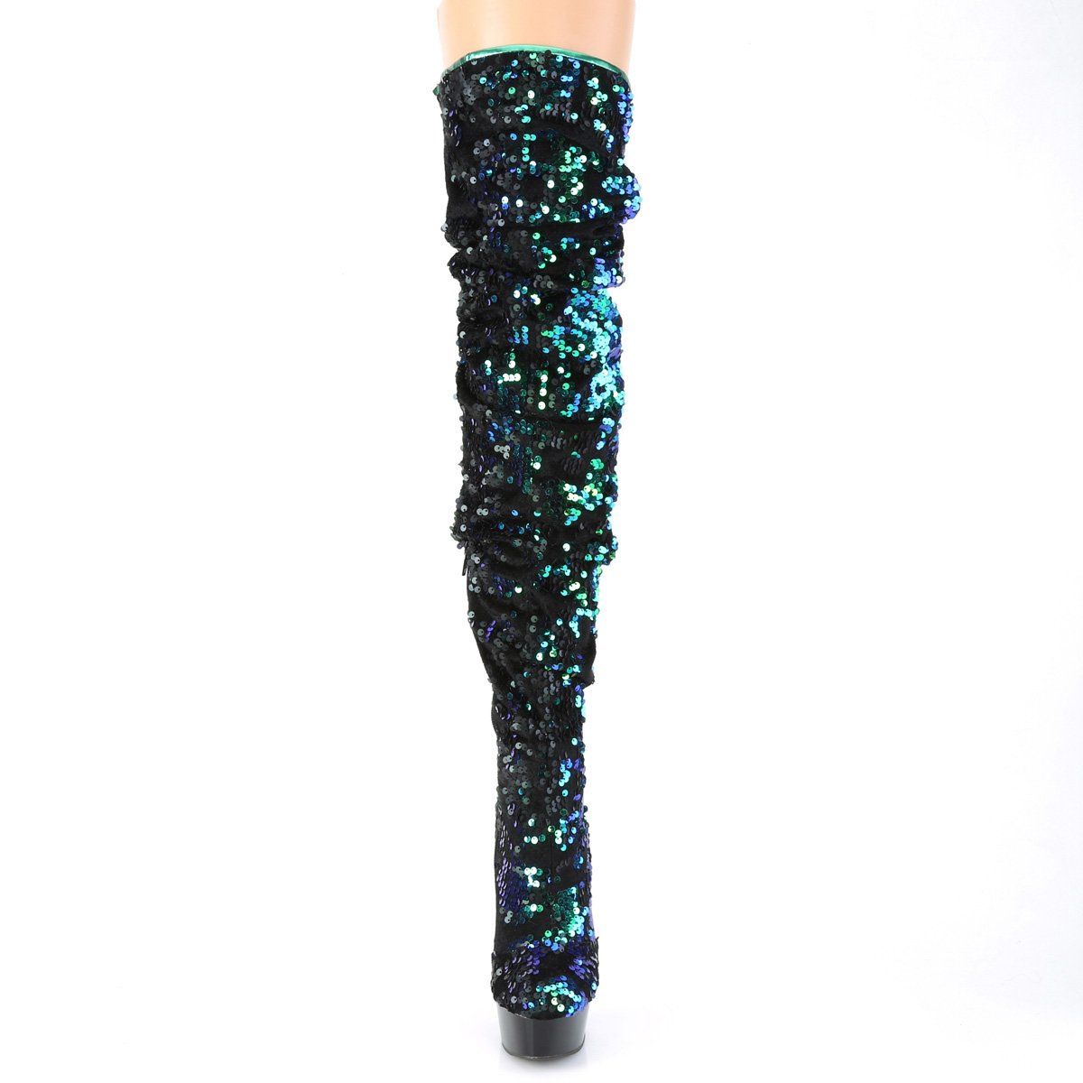 DELIGHT-3004 Green Iridescent Sequins/Black Thigh Boot Pleaser