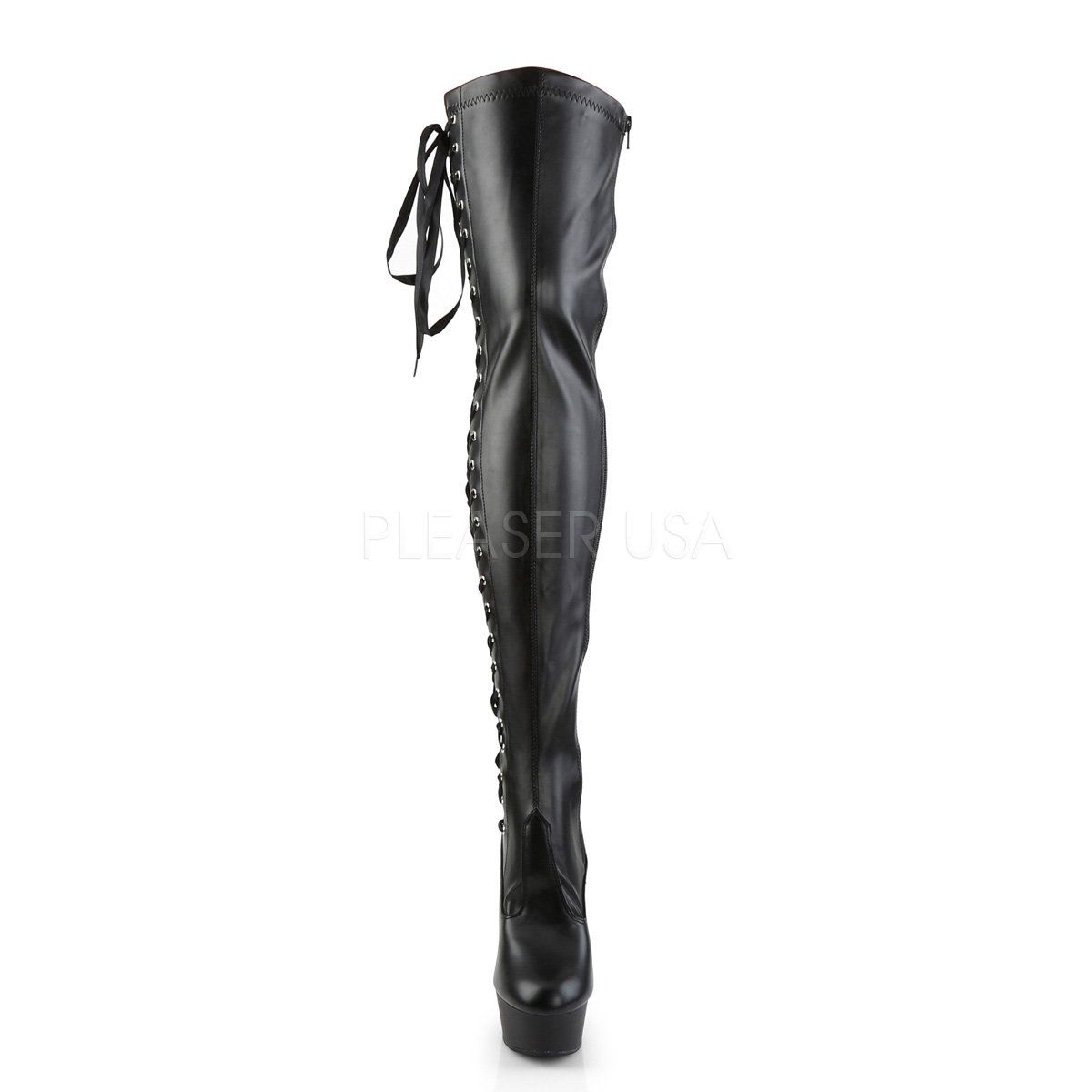 DELIGHT-3050 Black Stretch Faux Leather Thigh Boot Pleaser