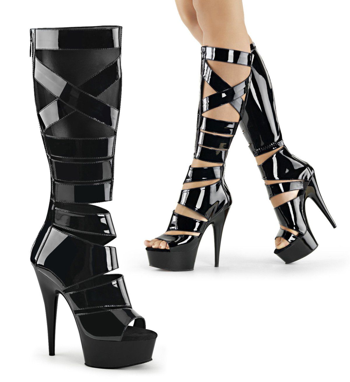 DELIGHT-600-49 Black Stretch Patent Boot Pleaser
