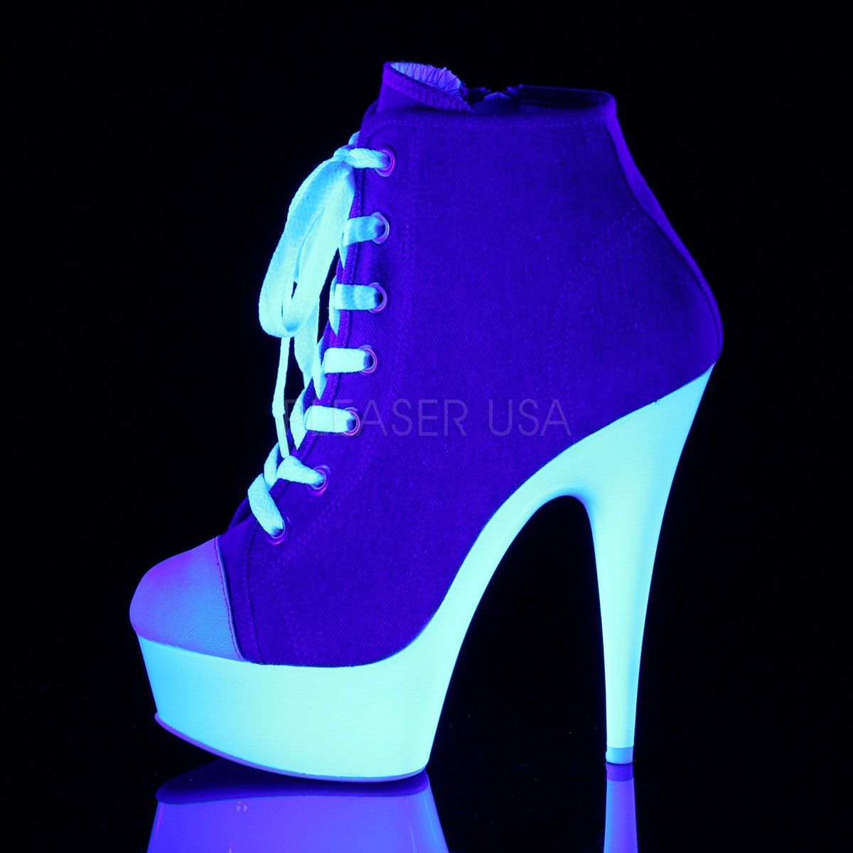 DELIGHT-600SK-02 Denim Blue Canvas/Neon White Sneaker Heels Pleaser
