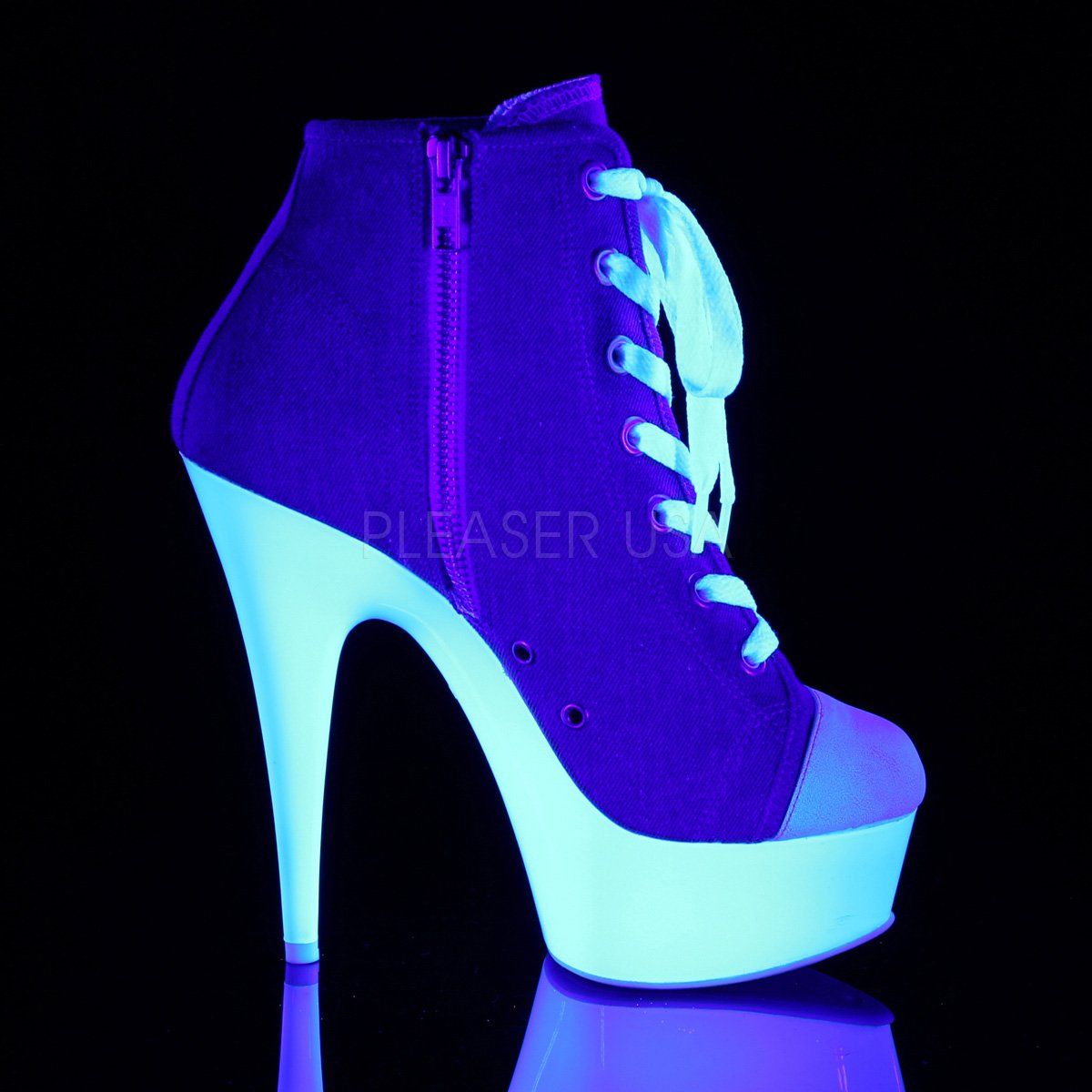 DELIGHT-600SK-02 Denim Blue Canvas/Neon White Sneaker Heels Pleaser