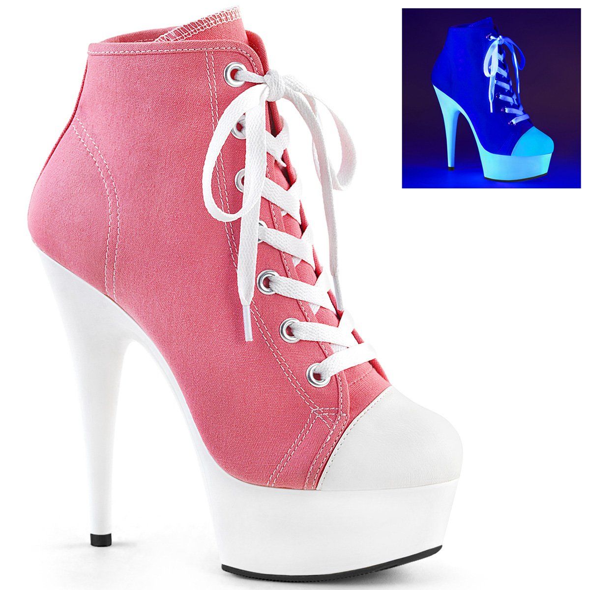 DELIGHT-600SK-02 Pink Canvas/Neon White Sneaker Heels Pleaser
