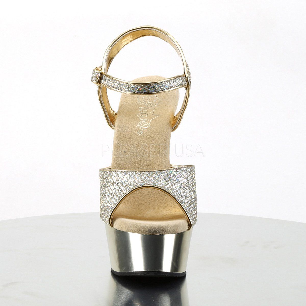 DELIGHT-609G Gold Multi Glitter/Gold Chrome Platform Sandal Pleaser