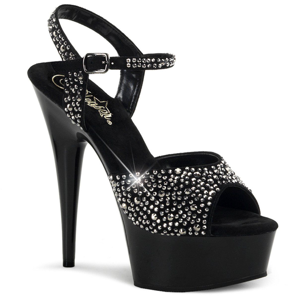 DELIGHT-609RS Black Suede-Pewter Rhinestone/ Black Platform Sandal Pleaser