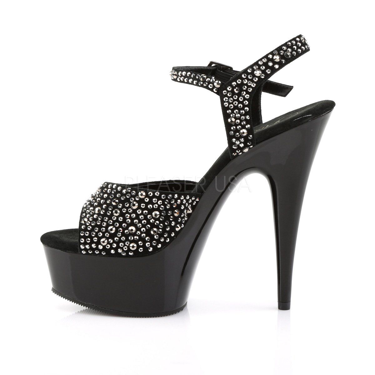 DELIGHT-609RS Black Suede-Pewter Rhinestone/ Black Platform Sandal Pleaser