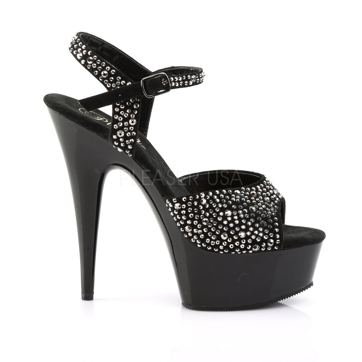 DELIGHT-609RS Black Suede-Pewter Rhinestone/ Black Platform Sandal Pleaser