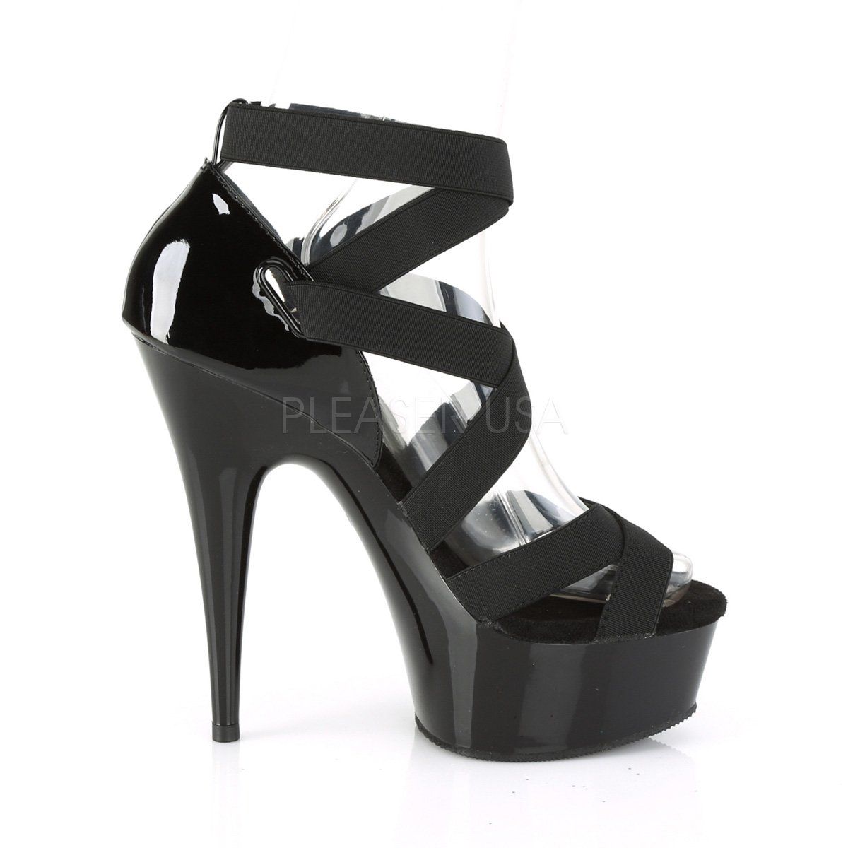 DELIGHT-657 Black Elastic Band-Patent/Black Platform Sandal Pleaser