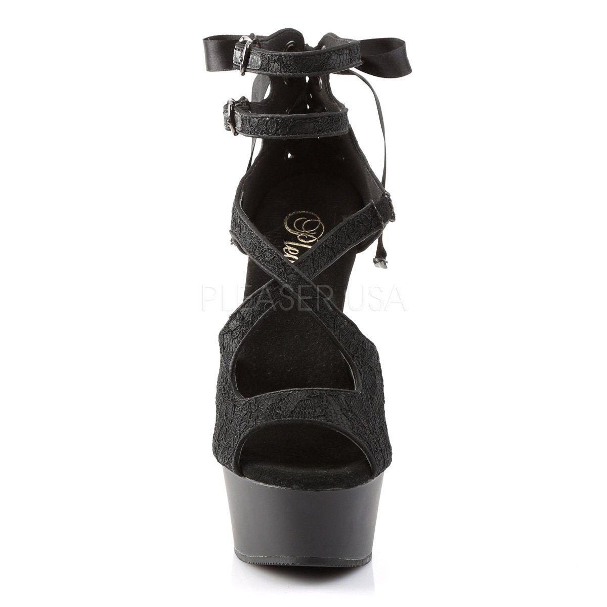 DELIGHT-678LC Black Satin-Lace Platform Sandal Pleaser