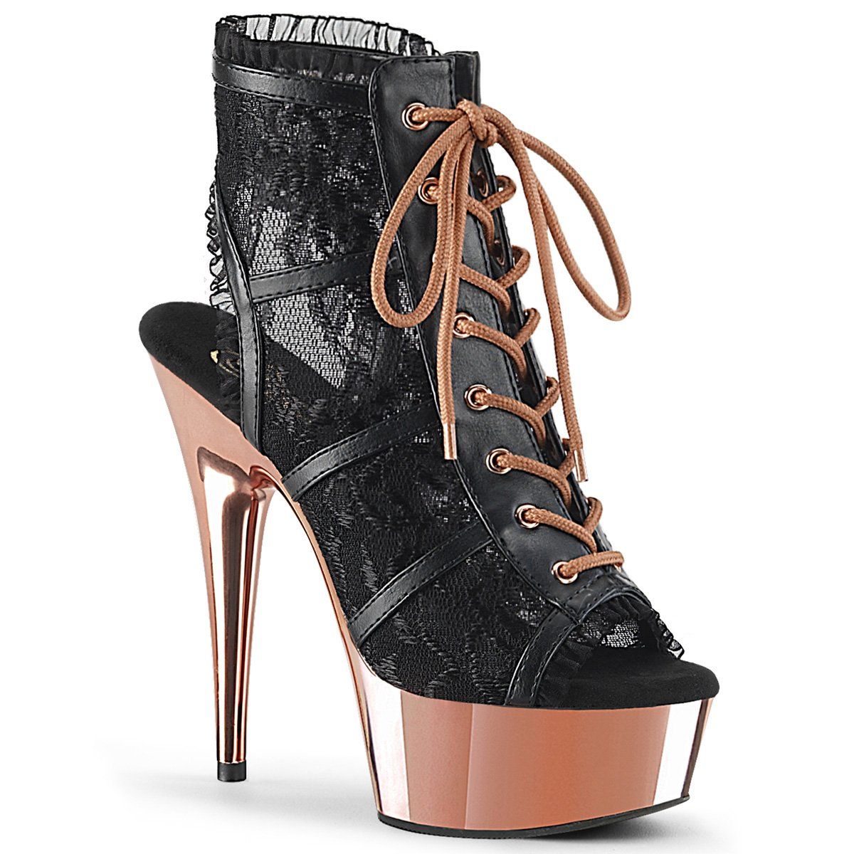 DELIGHT-696LC Black Faux Leather-Lace/Rose Gold Chrome Boot Pleaser