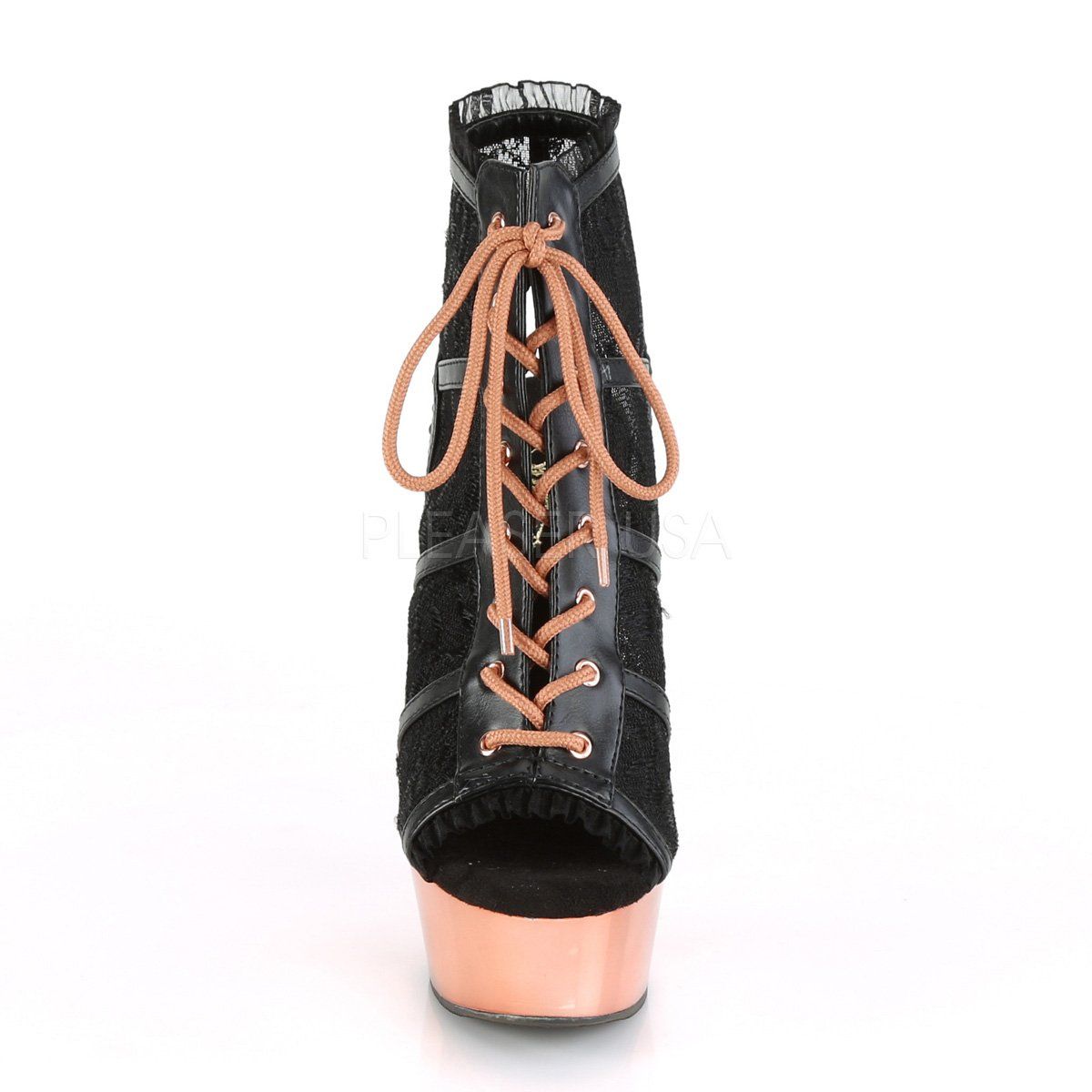 DELIGHT-696LC Black Faux Leather-Lace/Rose Gold Chrome Boot Pleaser