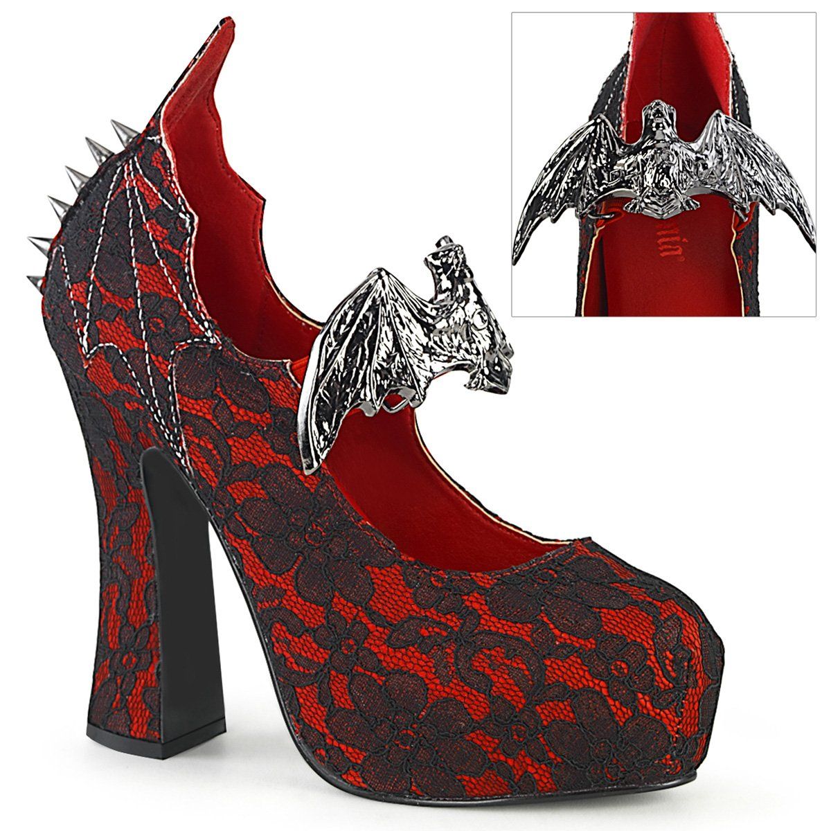 DEMON-18 Red Satin-Black Lace Mary Janes Demonia