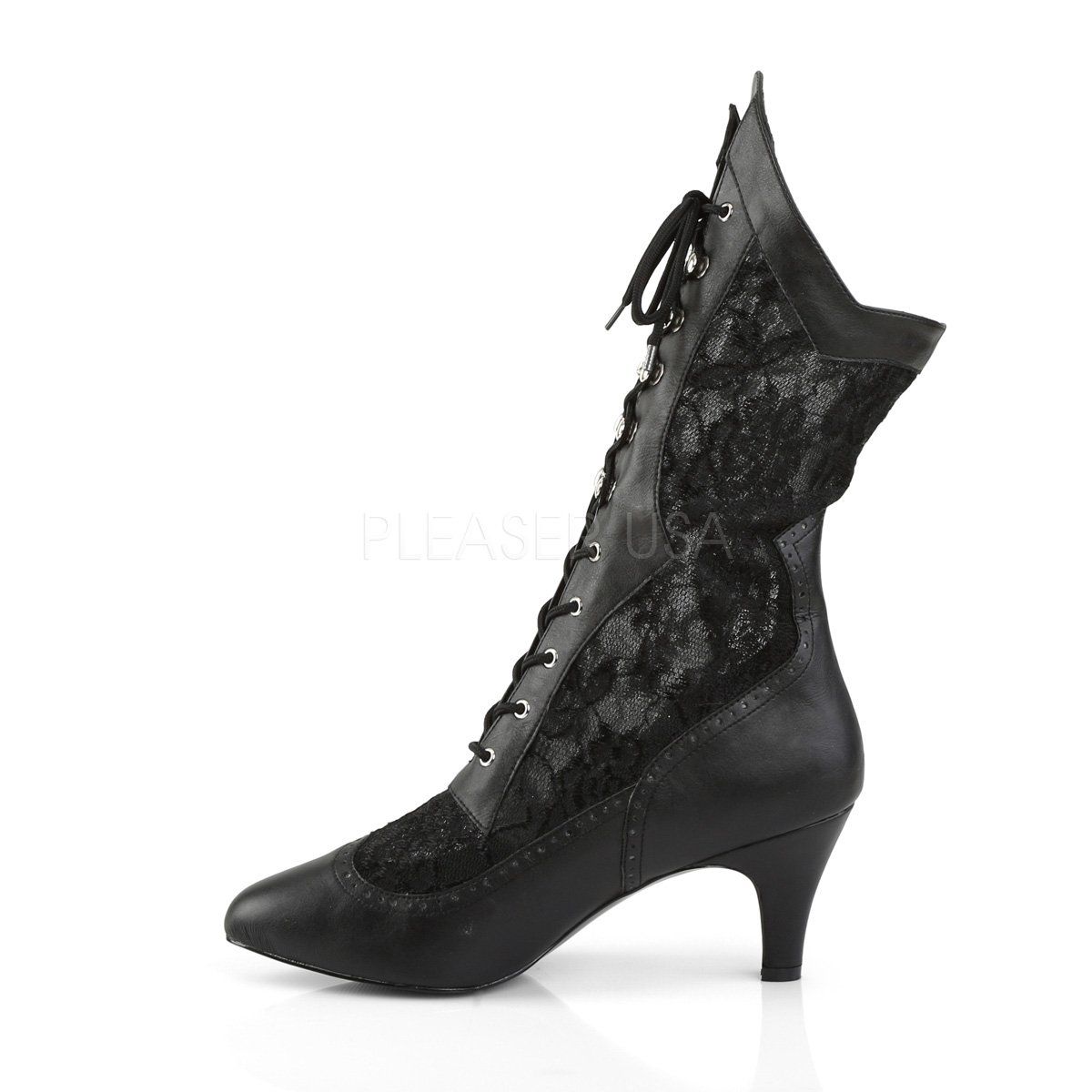 DIVINE-1050 Black Faux Leather-Satin Lace Pleaser Pink Label