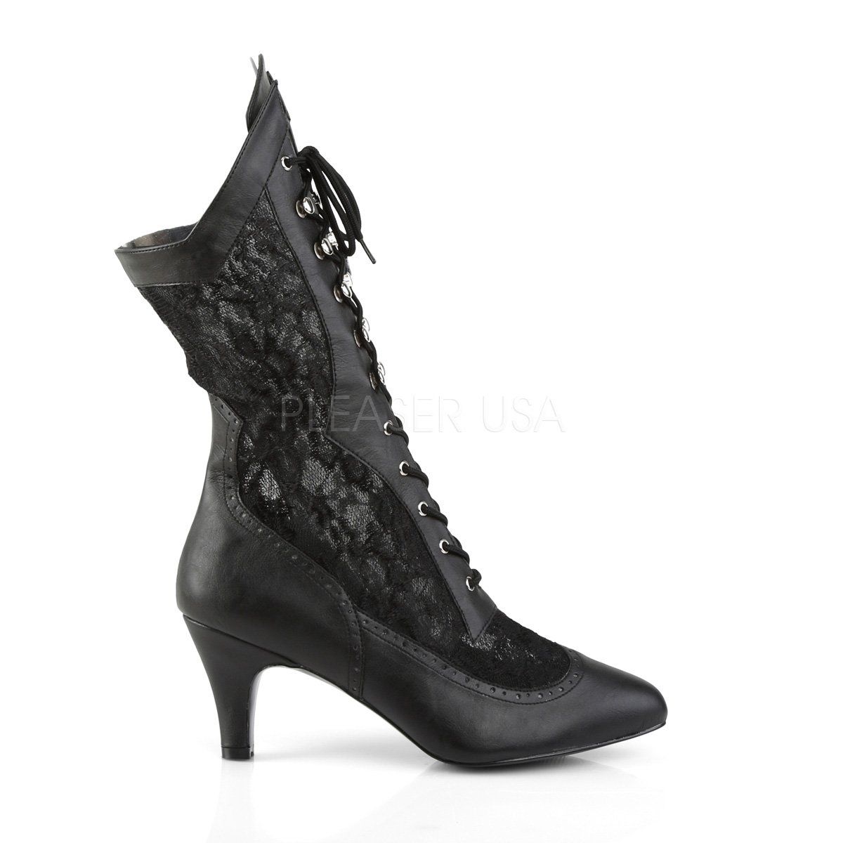 DIVINE-1050 Black Faux Leather-Satin Lace Pleaser Pink Label