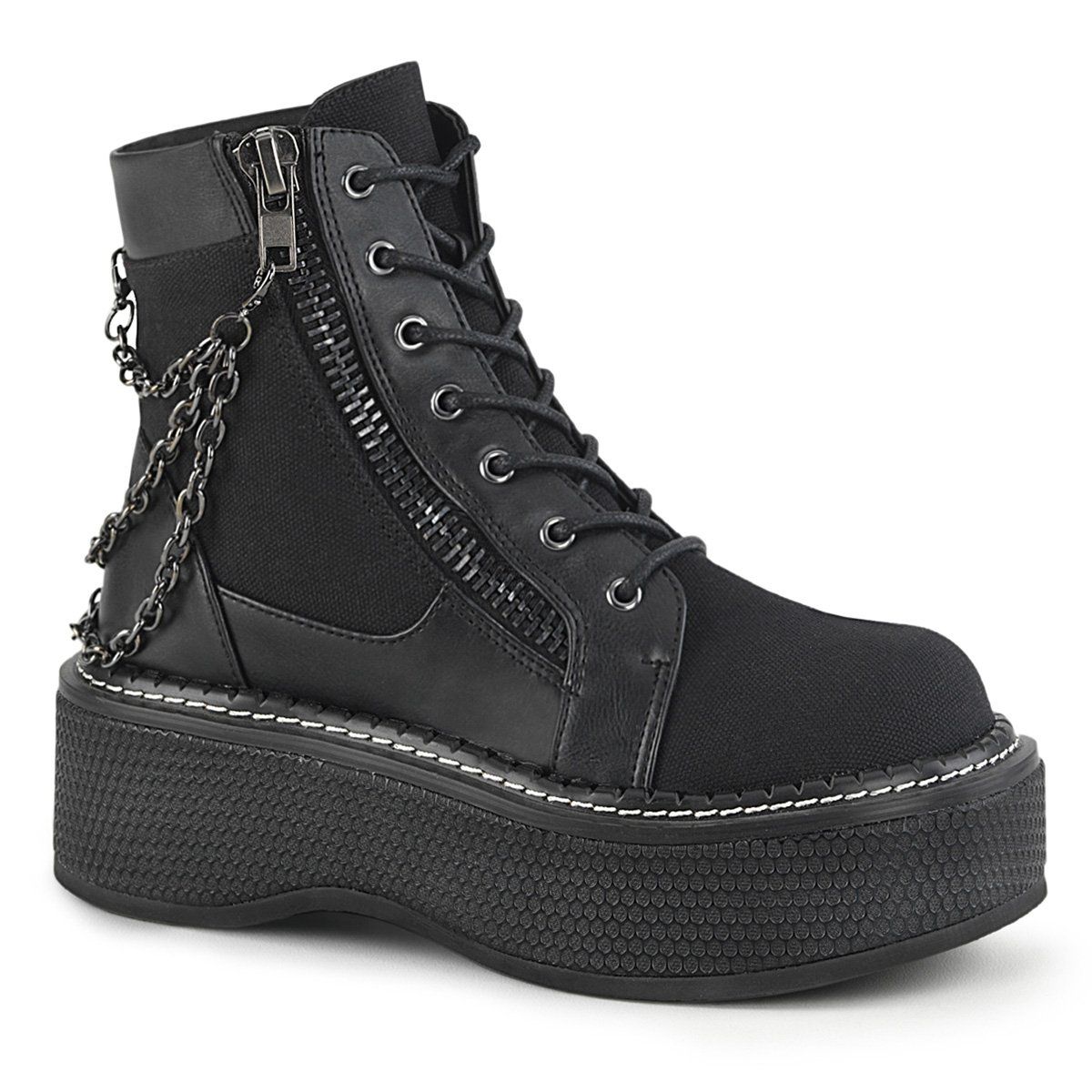 EMILY-114 Black Canvas-Vegan Leather Lace-Up Boot Demonia