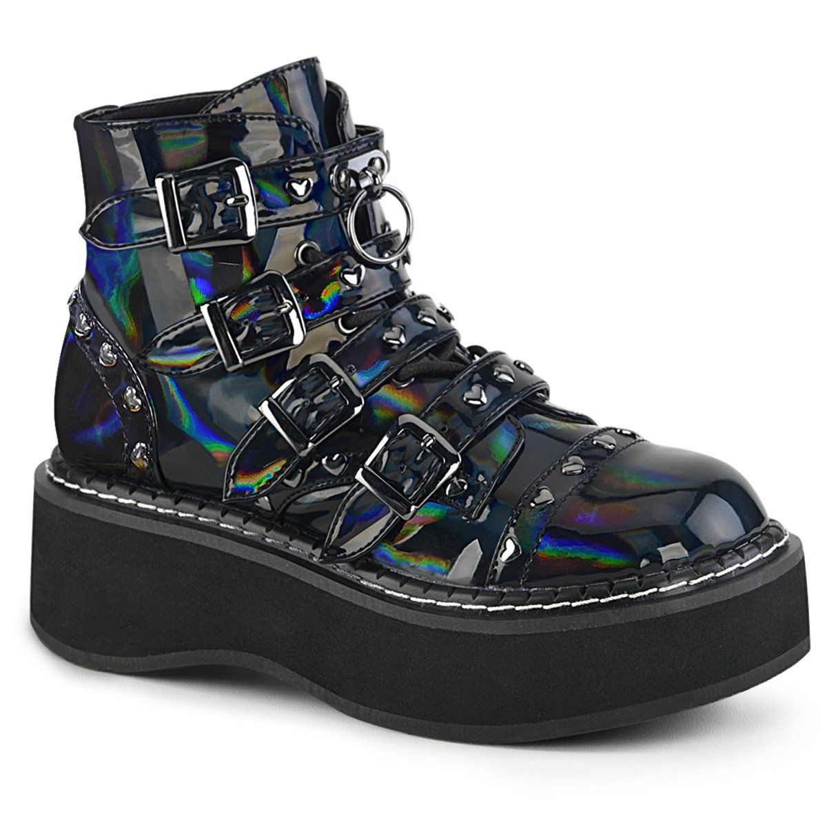 EMILY-315 Black Hologram Vegan Leather Ankle Boot Demonia