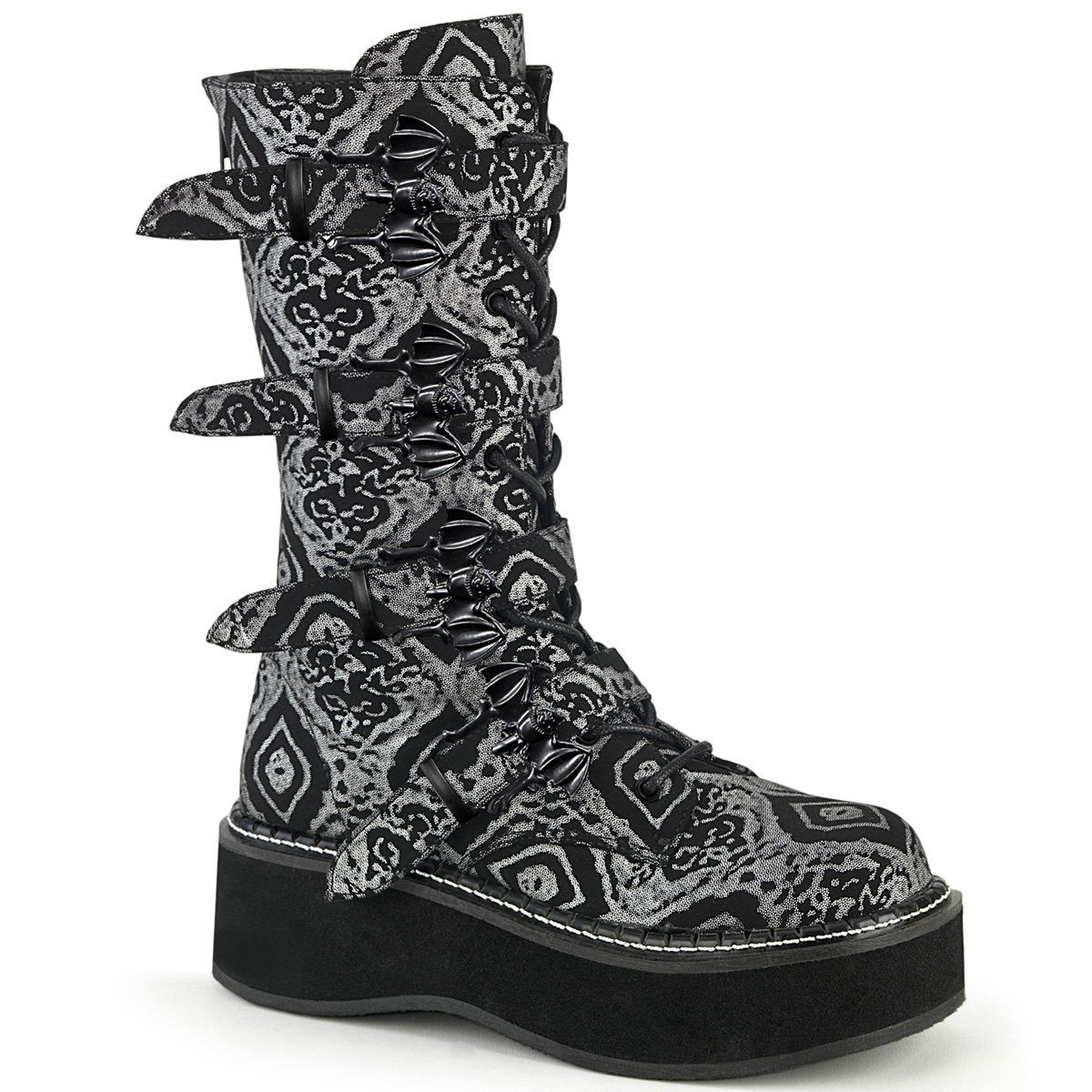 EMILY-322 Black-Silver Faux Nubuck Leather Mid-Calf Boot Demonia