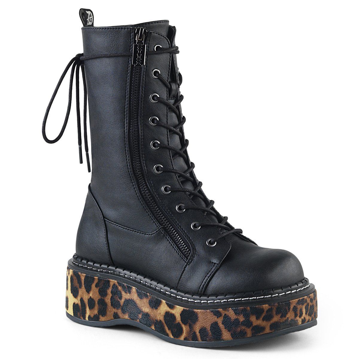 EMILY-350 Black-Leatheropard Print Vegan Leather Lace-Up Boot Demonia