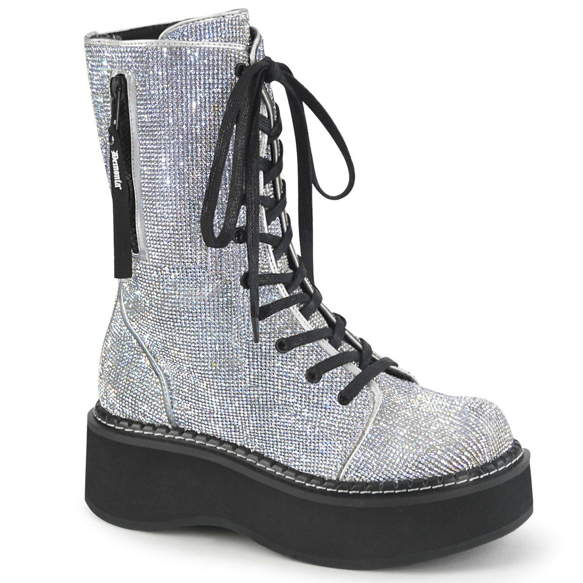 EMILY-362 Silver Vegan Leather-Rhinstone Lace-Up Boot Demonia