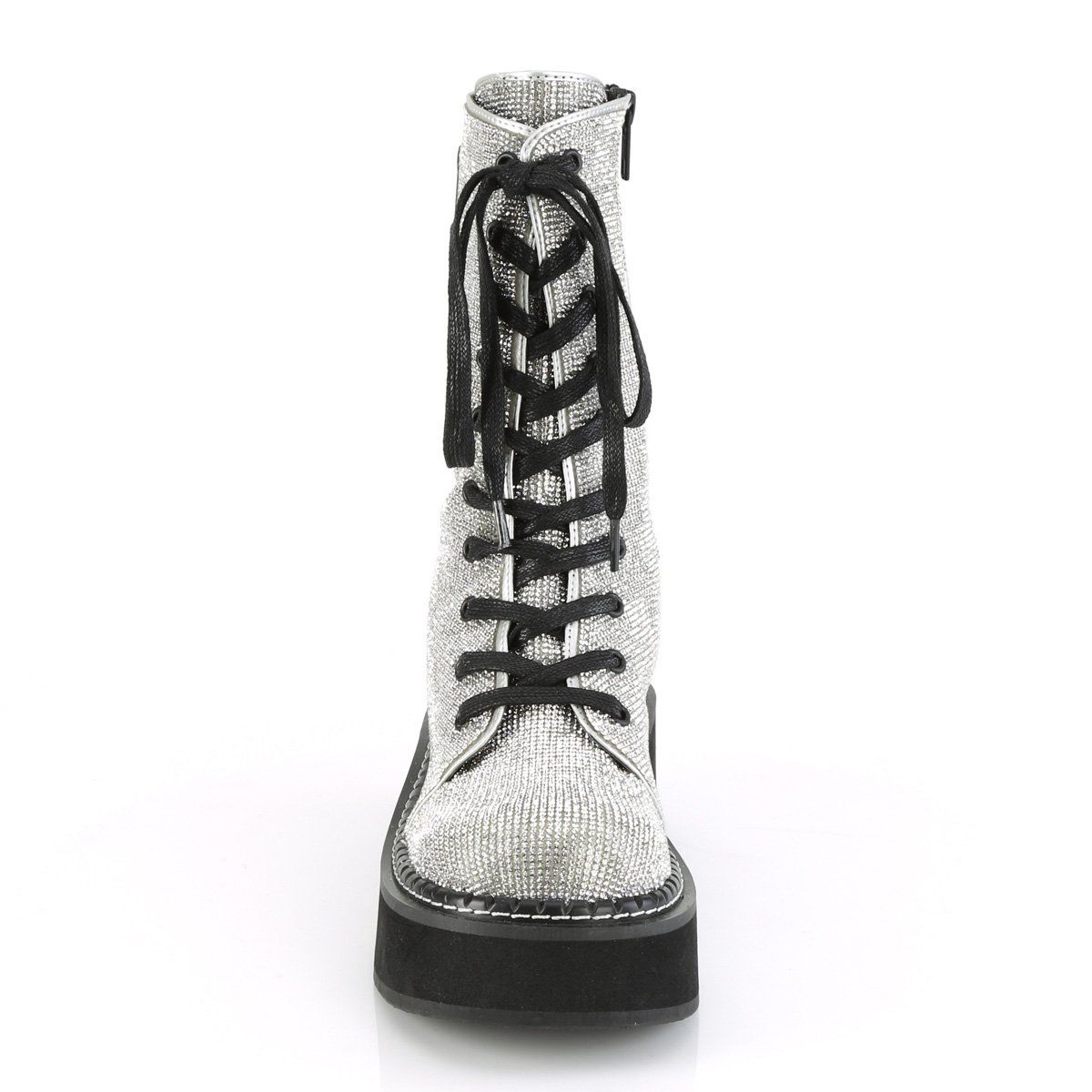 EMILY-362 Silver Vegan Leather-Rhinstone Lace-Up Boot Demonia