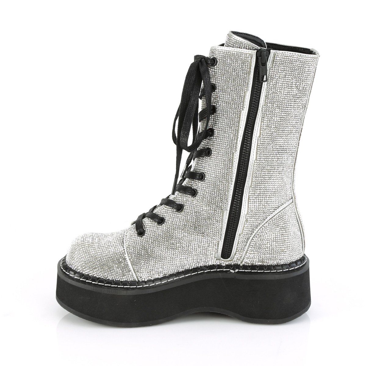 EMILY-362 Silver Vegan Leather-Rhinstone Lace-Up Boot Demonia