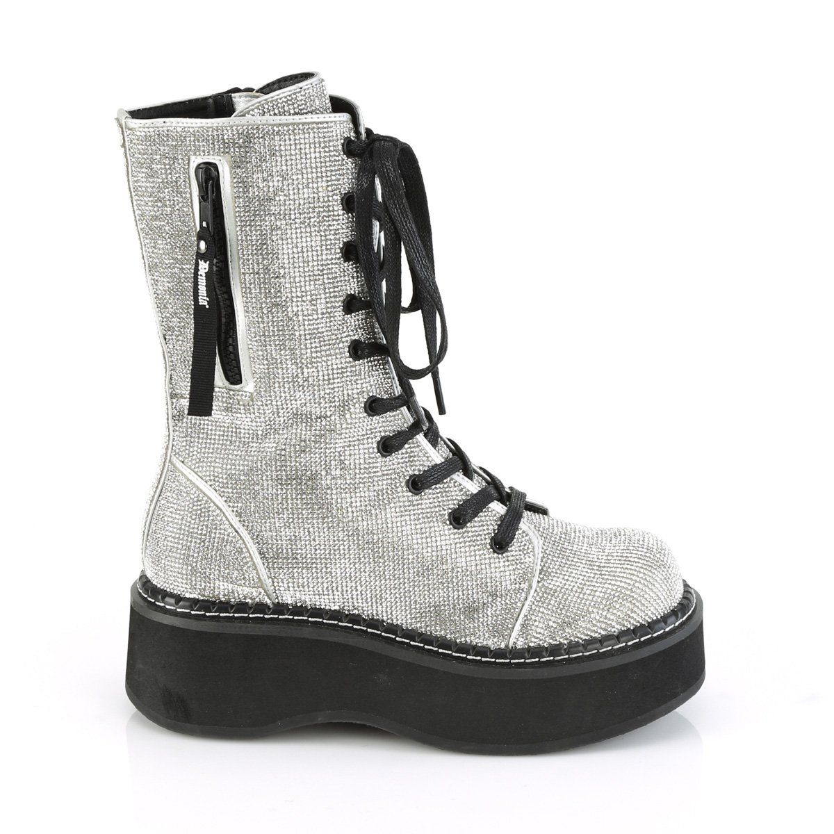EMILY-362 Silver Vegan Leather-Rhinstone Lace-Up Boot Demonia