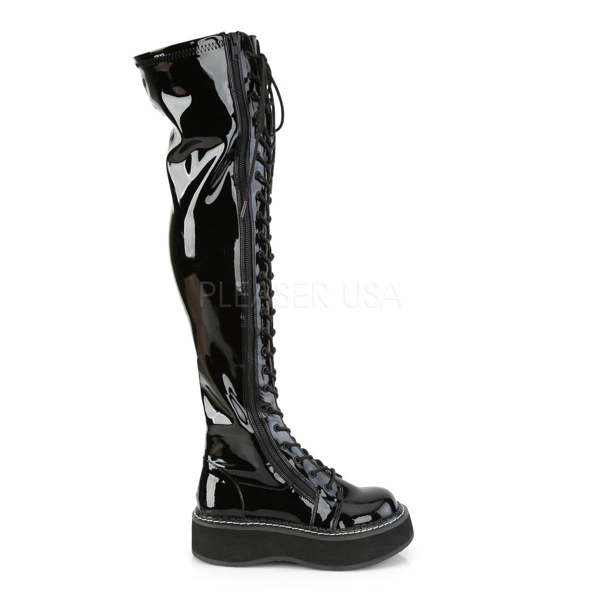 EMILY-375 Black Patent Thigh Boot Demonia