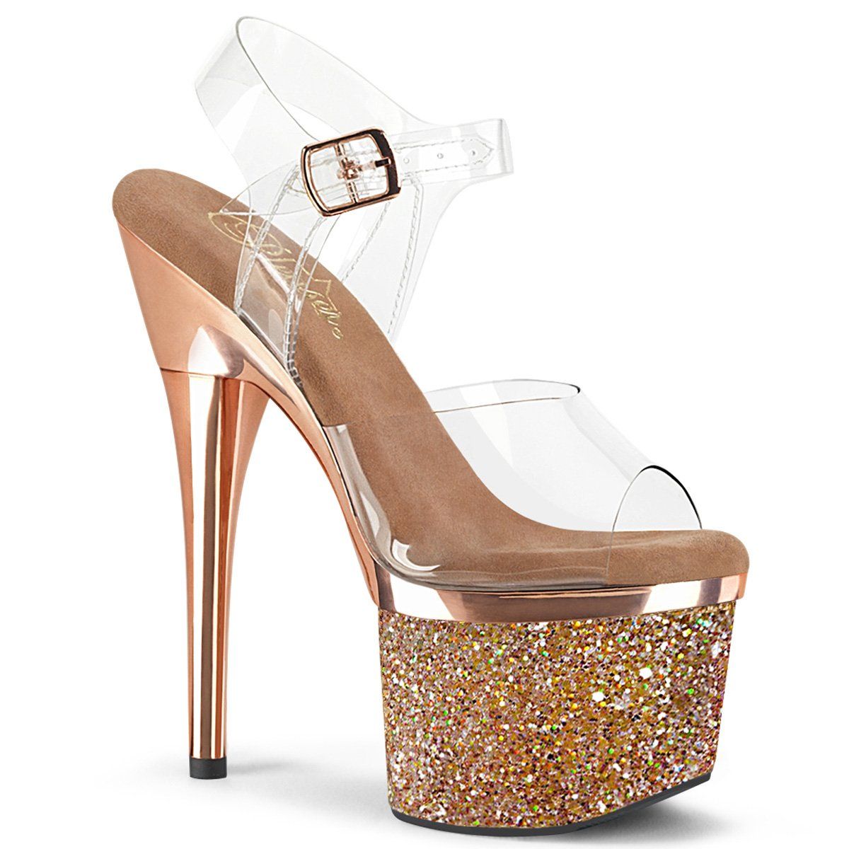 ESTEEM-708CHLG Clear/Rose Gold Chrome-Multi Glitter Platform Sandal Pleaser